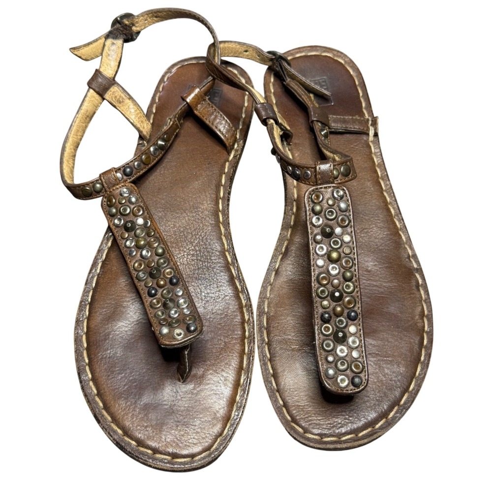 Frye Studded Leather Thong Sandals Brown Strappy Summer Shoes‎ Size 6